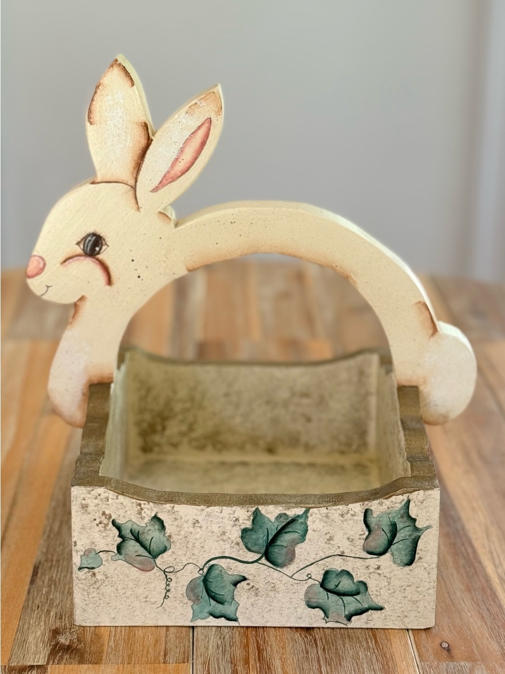 Hand Painted Bunny Wooden Basket with Green Leaf Motif